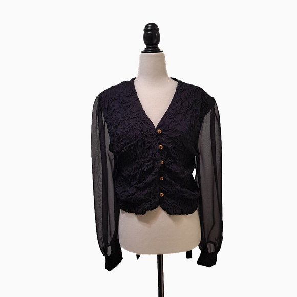 90s Vintage Pant Suit Top sheer sleeves, wide leg pant with back zipper - Picture 3 of 6